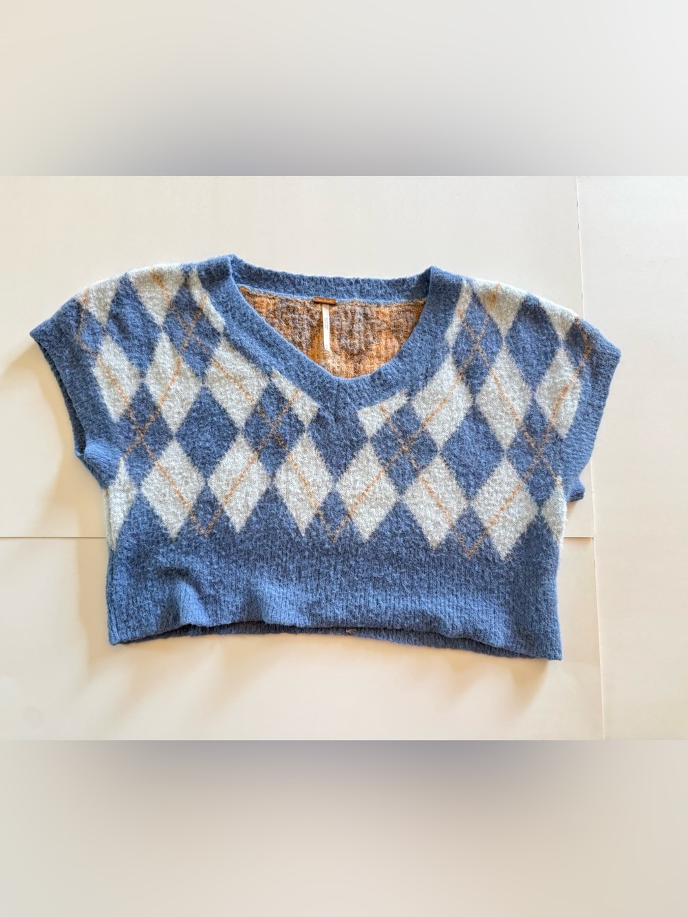 Free People Through The Motions Argyle Sweater Vest Blue Cropped V-Neck Knit M